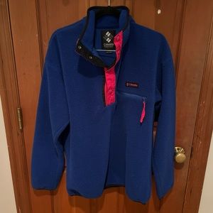 Columbia men’s fleece blue and neon pink pull over medium